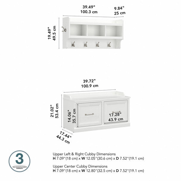 39W" 2pc Storage Bench/Rack Hall Tree - White