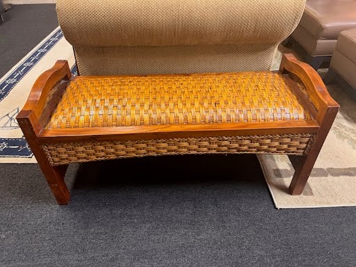 39" Rattan and Wood Cushioned Bench