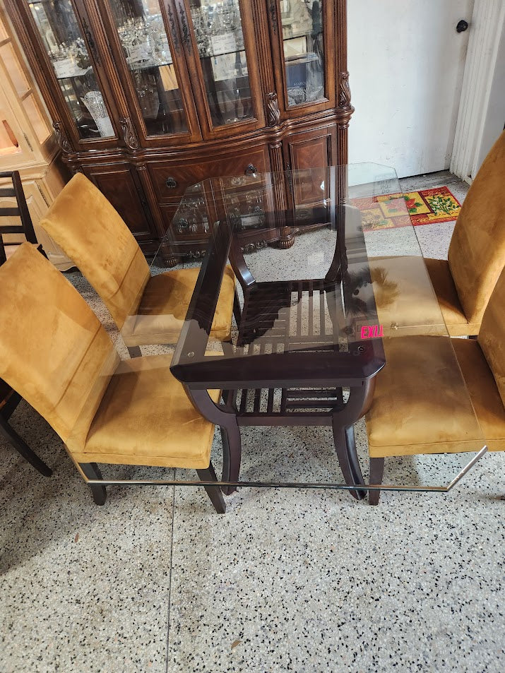 Glass top Dining Table+ 4 mustard armless chairs