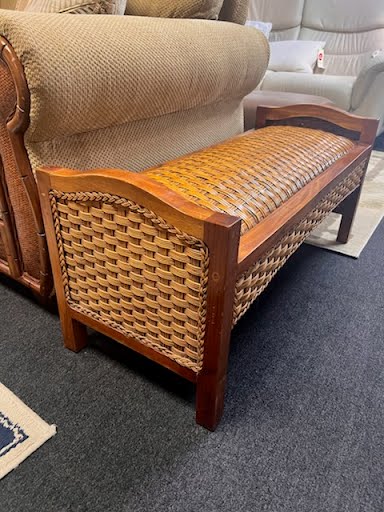 39" Rattan and Wood Cushioned Bench