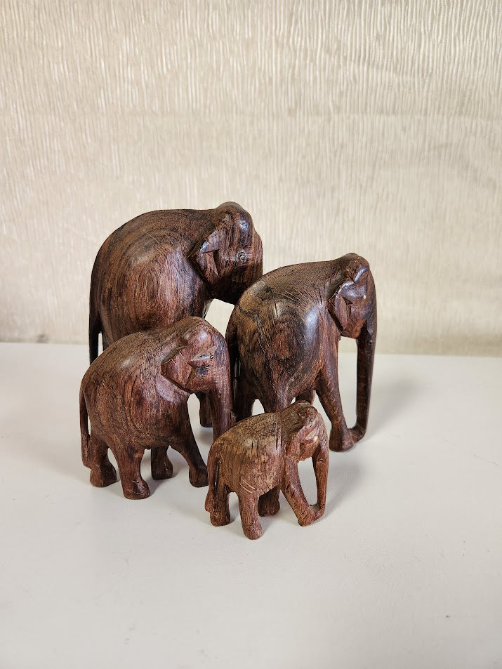 4 Wood Carved Elephant Figurines Home Item