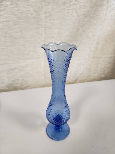 8" Blue Glass Diamond Cut, Ruffled Rim, Clear Footed Bud Vase