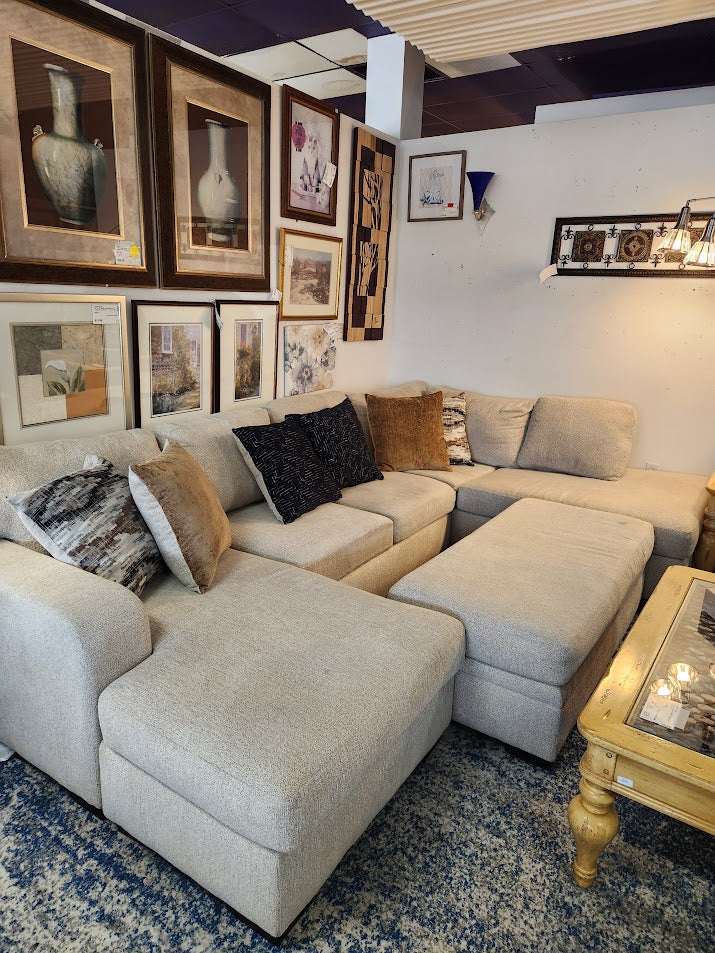 Beige c Shape Sectional With Storage Ottoman