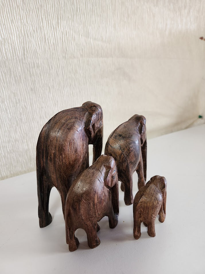4 Wood Carved Elephant Figurines Home Item