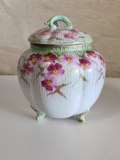 8" Footed Porcelain Jar with Lid - Painted Cherry Blossoms