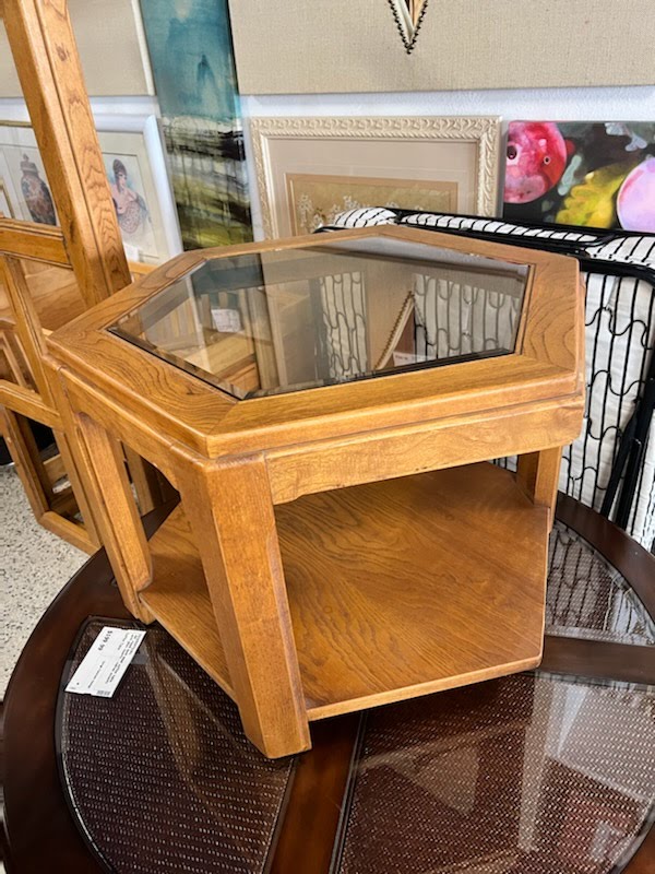 Hexagon Oak End Table with Glass Inserts