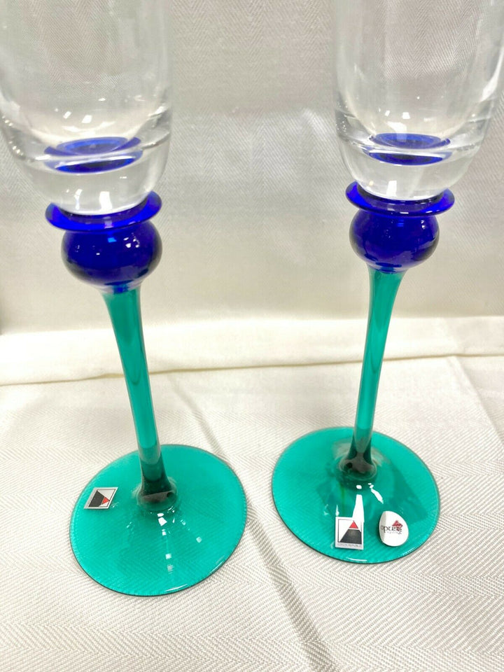 Set/2 Signed Champagne Flute Opus "Mardi Gras" Clear Green Stem
