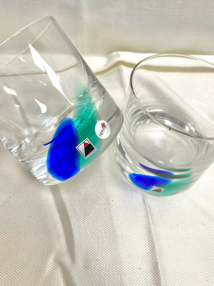 Set/2 Signed Opus Carnival Lowball Glasses with Blue and Green Spiral