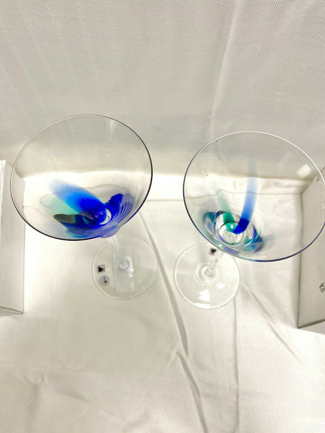 Set/2 Clear "Carnival" Splash Wine Spiral Cord Blue/Green Signed Opus