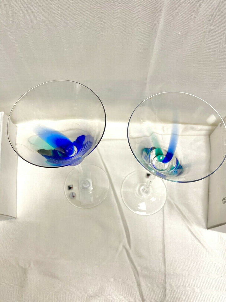 Set/2 Clear "Carnival" Splash Wine Spiral Cord Blue/Green Signed Opus