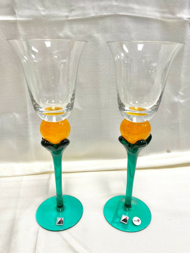 Set/2 Signed Opus Clear and Orange "Tropique" Water Goblet