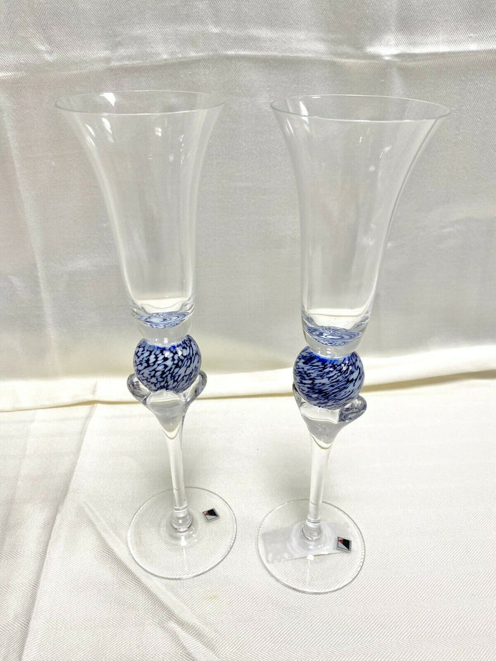 Set/2 Signed Opus Clear w/ White and Blue "Tropique" Champagne Flute