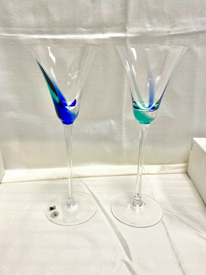 Set/2 Clear "Carnival" Splash Wine Spiral Cord Blue/Green Signed Opus