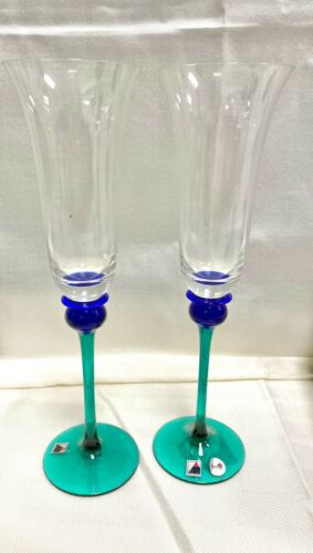Set/2 Signed Champagne Flute Opus "Mardi Gras" Clear Green Stem