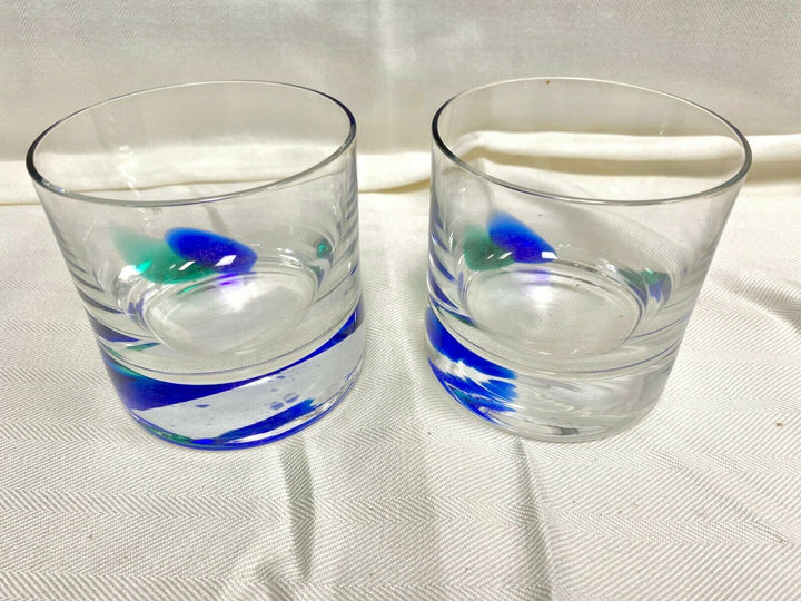 Set/2 Signed Opus Carnival Lowball Glasses with Blue and Green Spiral