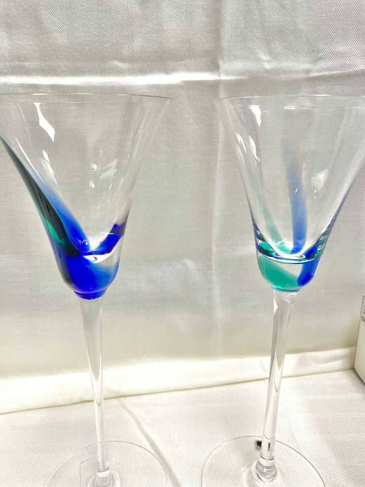 Set/2 Clear "Carnival" Splash Wine Spiral Cord Blue/Green Signed Opus