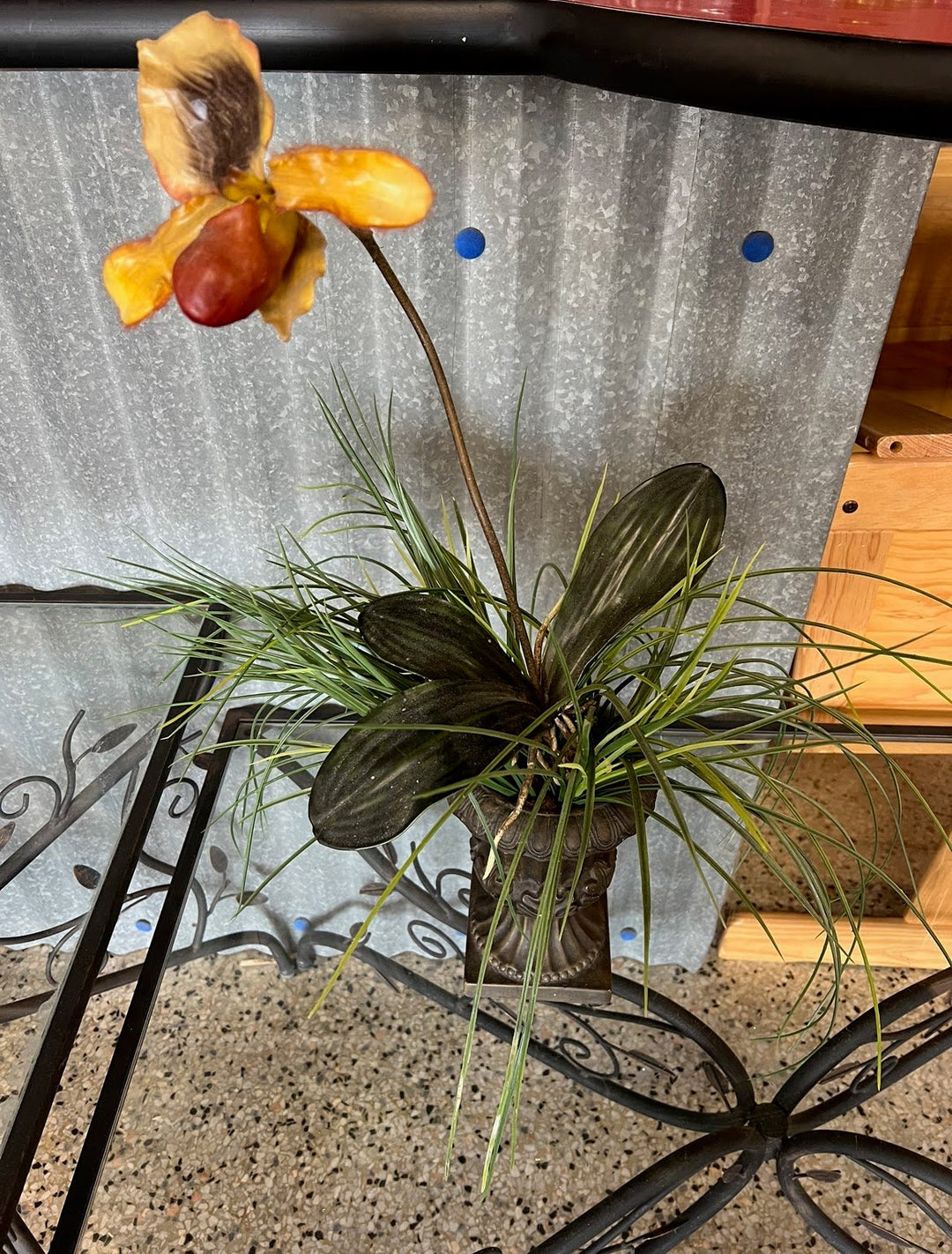 Urn with grass and orchid