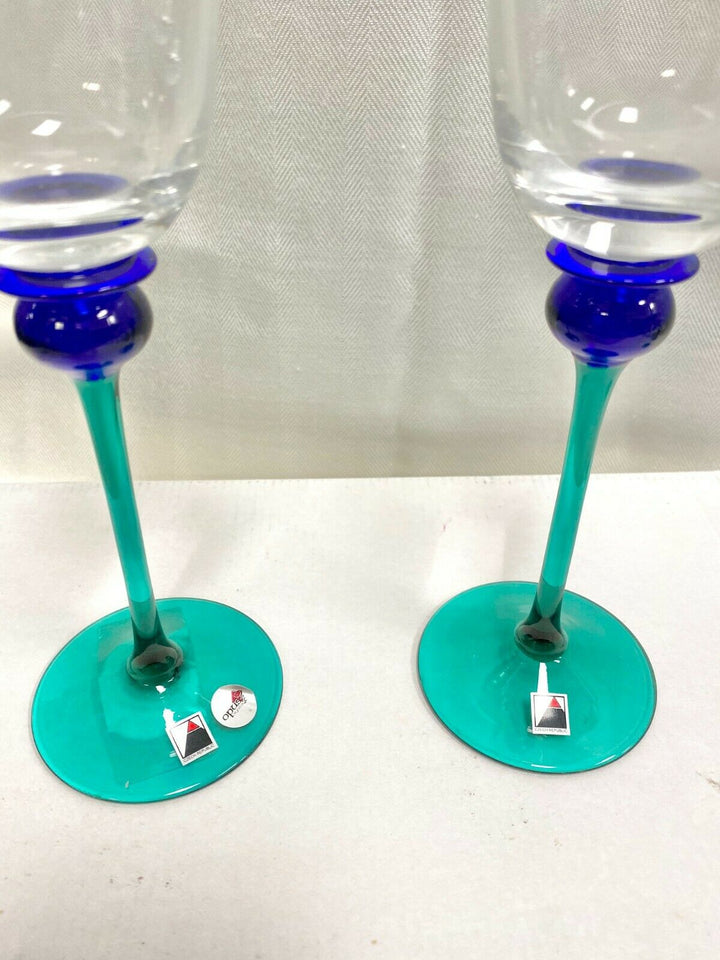 Set/2 Signed 10oz Water Goblet Opus "Mardi Gras" Clear Green Stem